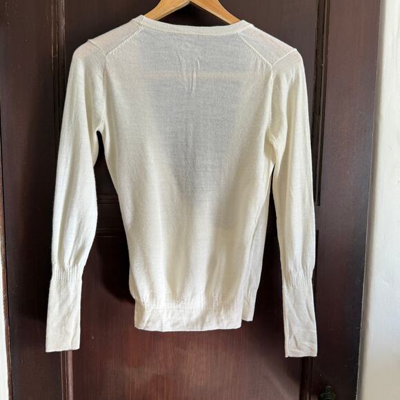 IBEX | Cream Merino Wool Arabesque Faux Wrap Yoga Sweater | Small - Picture 4 of 7